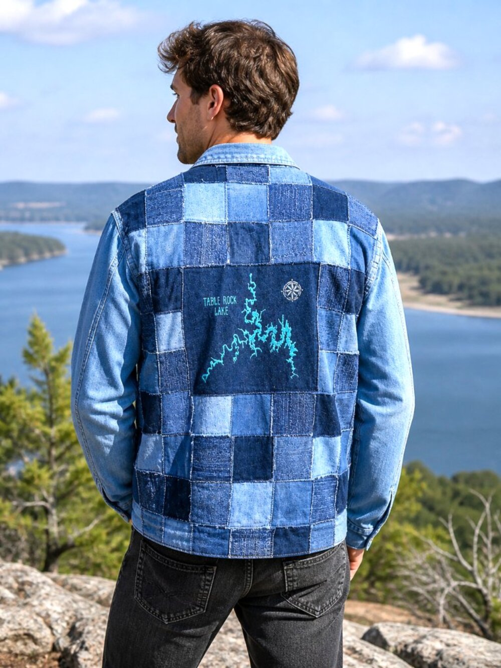 Table Rock Lake Map Patchwork Denim Jacket Upcycled Handmade Distressed Men's M